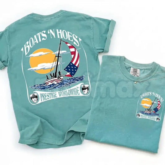 Comfort Colors® "Boats and Hoez" T-Shirt – Retro Step Brothers Movie Graphic Tee, Prestige Worldwide Yacht Party Shirt, Funny Cult Classic Comedy Top-Pasimax