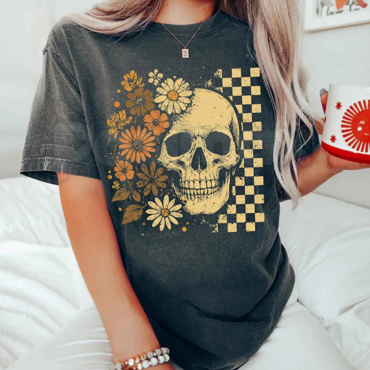 Comfort Colors® Boho Skull Graphic T-Shirt – Vintage Grunge Summerween & Spooky Halloween Unisex Top-Pasimax