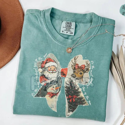 Comfort Colors® Cozy Women's Christmas T-Shirt – Nostalgic Holiday Bow Tee, Eco-Friendly Santa Reindeer Shirt, Vintage Winter Blue Jean-Pasimax