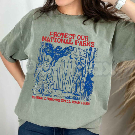 Comfort Colors® Cryptid National Parks T-Shirt – 90s Vintage "Protect Our Parks" Camping & Hiking Graphic Tee, Retro Wanderlust Unisex Top-Pasimax