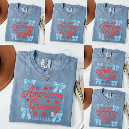 Comfort Colors® Custom 4th of July Mama Nana T-Shirt – Girly Coquette Independence Day Bow Tee, Trendy Patriotic Mom Squad Shirt, Cute Americana Family Gift-Pasimax
