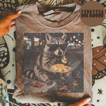 Comfort Colors® Deviled Eggs Raccoon T-Shirt – Funny Thanksgiving Food Lover Graphic Tee, Quirky Animal Unisex Top-Pasimax