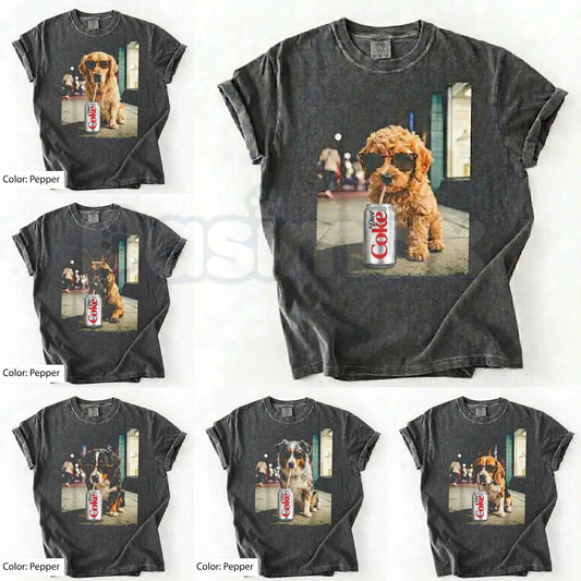 Comfort Colors® Dog Breeds Drinking Diet Coke T-Shirt – Funny Dog Dad Soda Lover Graphic Tee, Aesthetic Retro Puppy Animal Meme Shirt, Cute Pet Gift-Pasimax
