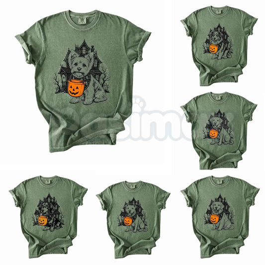 Comfort Colors® Dog Breeds Halloween T-Shirt – Funny Pumpkin Candy Bucket Graphic Tee, Retro Trick or Treat Dog Lover Unisex Top-Pasimax