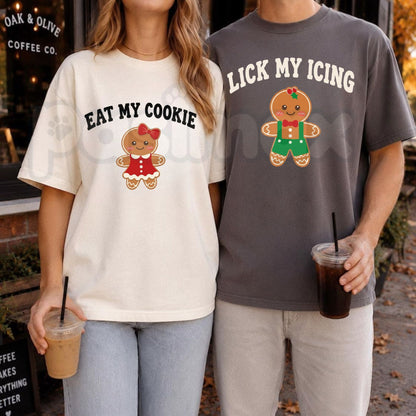 Comfort Colors® Eat My Cookie & Lick My Icing Matching Christmas Couple T-Shirts – Funny Inappropriate Gingerbread Graphic Tee, Holiday Unisex Top & Gift-Pasimax