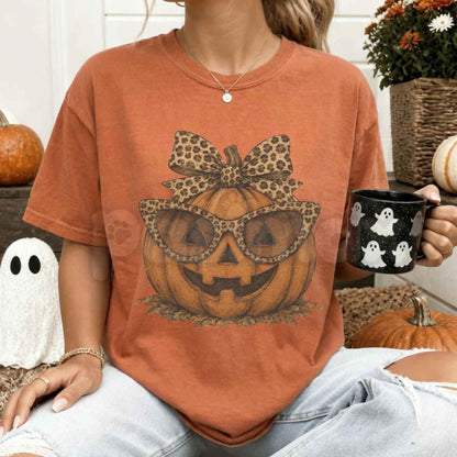 Comfort Colors® Fall Halloween Leopard Pumpkin T-Shirt – Trendy Jack-O'-Lantern Graphic Tee, Trick or Treat Women's Unisex Top-Pasimax