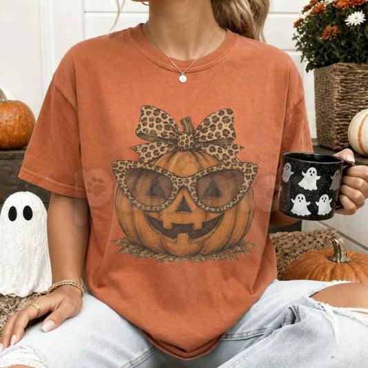 Comfort Colors® Fall Halloween Leopard Pumpkin T-Shirt – Trendy Jack-O'-Lantern Graphic Tee, Trick or Treat Women's Unisex Top-Pasimax