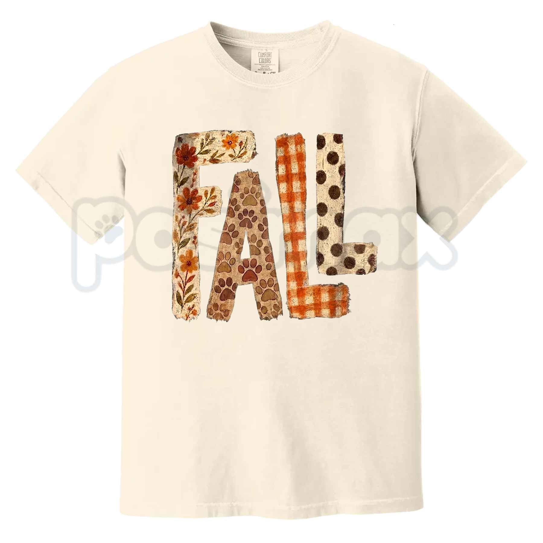 Comfort Colors® Fall Patchwork Paw Print T-Shirt – Cute Autumn Floral Dog Lover Graphic Tee, Vintage Harvest Season Unisex Top-Pasimax