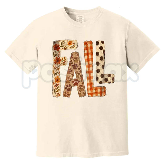 Comfort Colors® Fall Patchwork Paw Print T-Shirt – Cute Autumn Floral Dog Lover Graphic Tee, Vintage Harvest Season Unisex Top-Pasimax