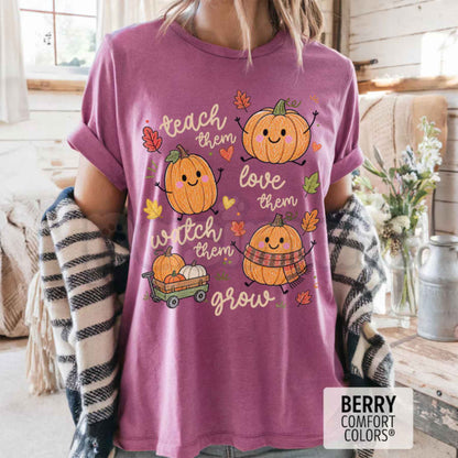 Comfort Colors® Fall Teacher T-Shirt – Retro Pumpkin "Teach Them" Graphic Tee, Autumn Educator Unisex Top & Gift-Pasimax