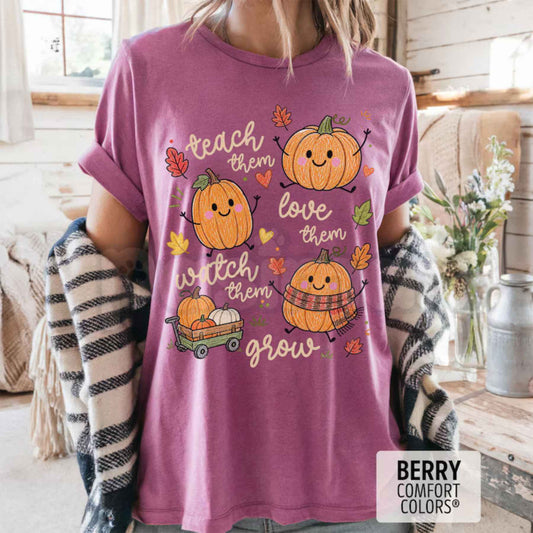 Comfort Colors® Fall Teacher T-Shirt – Retro Pumpkin "Teach Them" Graphic Tee, Autumn Educator Unisex Top & Gift-Pasimax