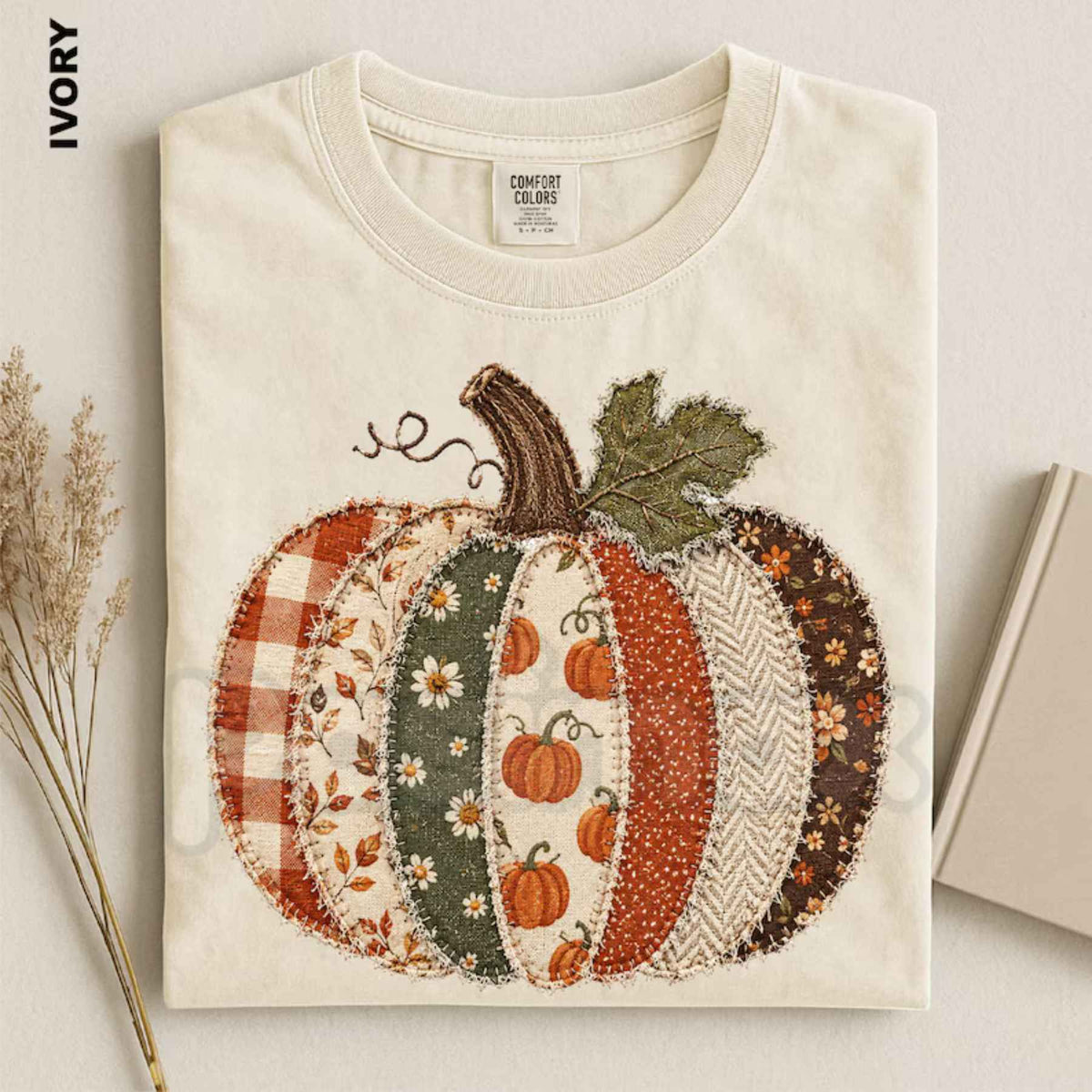 Comfort Colors® Faux Patchwork Fall Pumpkin T-Shirt – Checkered Autumn Thanksgiving Graphic Crewneck, Cute Holiday Top & Gift-Pasimax