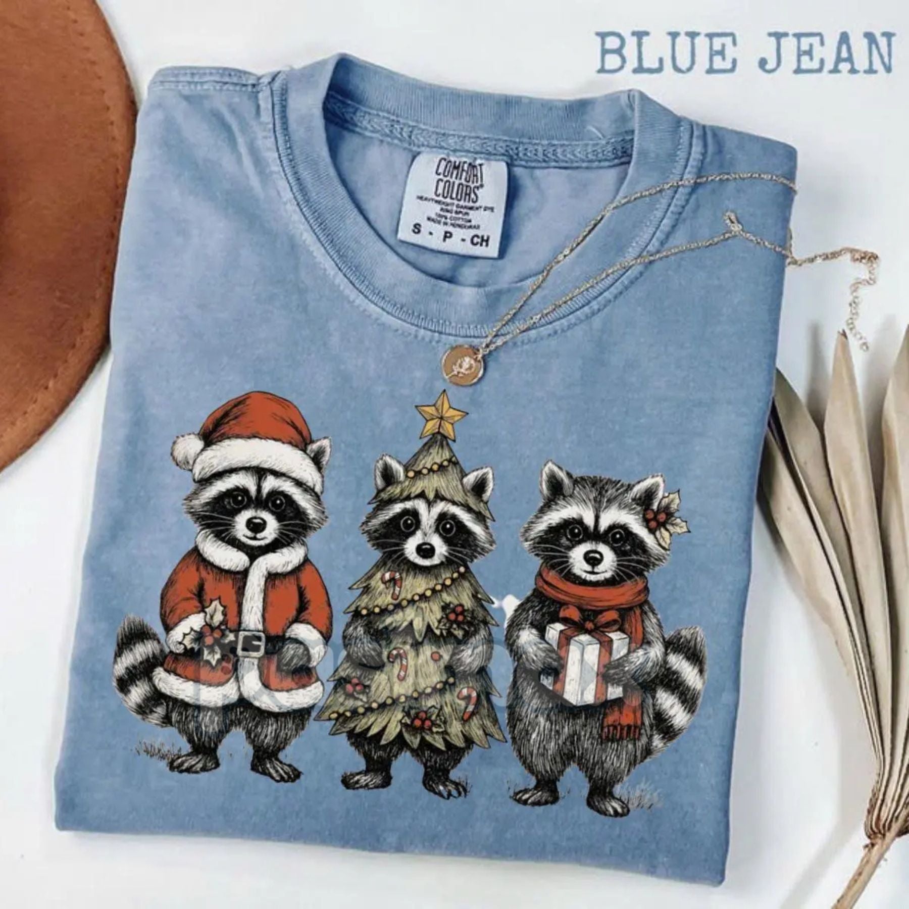 Comfort Colors® Festive Raccoon Family T-Shirt – Adorable Woodland Christmas Tee, Santa Hat Animal Gift-Pasimax