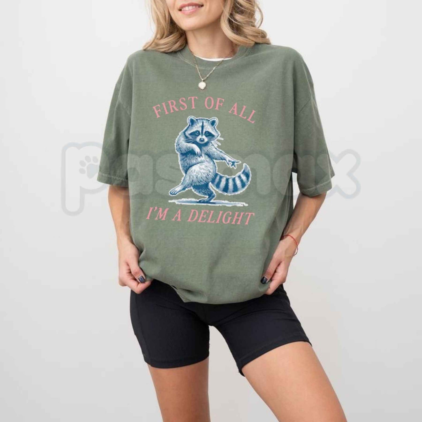 Comfort Colors® "First of All, I'm a Delight" Funny Raccoon T-Shirt – Sarcastic Animal Quote Graphic Tee, Humorous Chaos Unisex Top-Pasimax