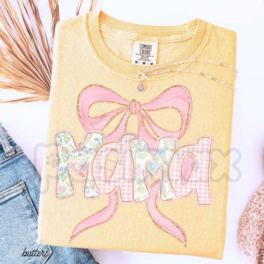 Comfort Colors® Floral "MAMA" T-Shirt – Trendy Spring Flower Mom Shirt, Aesthetic Blue and Pink Bow Tee, Preppy Pregnancy Reveal Gift for Her-Pasimax