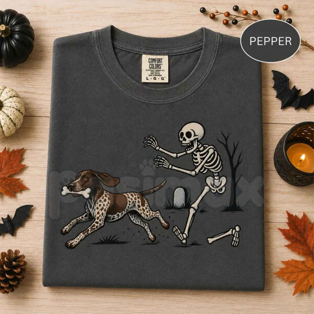 Comfort Colors® Funny Halloween GSP T-Shirt – German Shorthaired Pointer Skeleton Graphic Tee, Spooky Dog Unisex Top & Gift-Pasimax