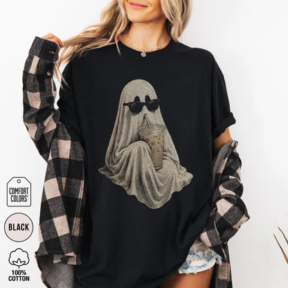 Comfort Colors® Ghost Drinking Coffee T-Shirt – Retro Iced Latte Tee, Vintage Spooky Season Halloween Coffee Lover Graphic Top-Pasimax