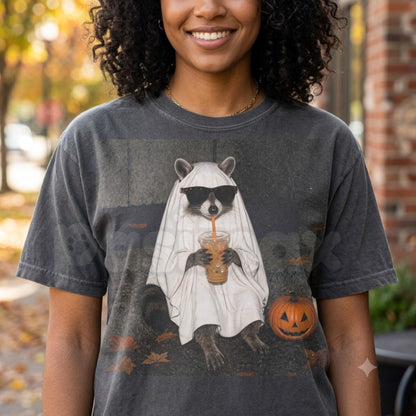 Comfort Colors® Ghost Raccoon Coffee T-Shirt – Funny Halloween Iced Coffee Graphic Tee, Spooky Season Trash Panda Unisex Top & Gift-Pasimax