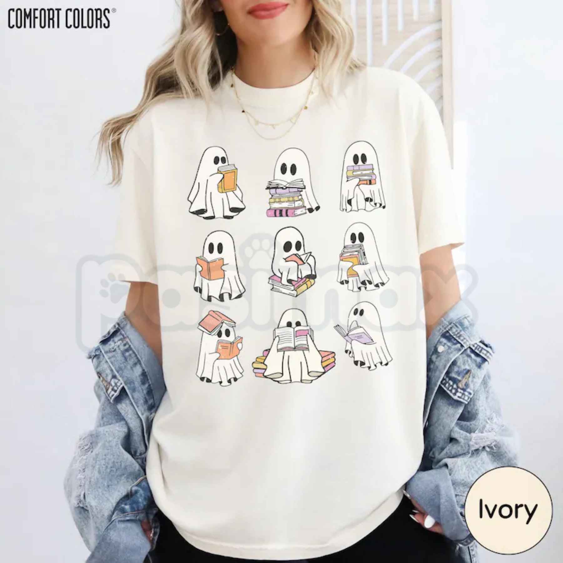 Comfort Colors® Ghost Reading Book T-Shirt – Girly Bookish Halloween Teacher & Librarian Graphic Tee, Cozy Fall Unisex Top-Pasimax