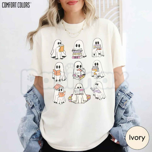 Comfort Colors® Ghost Reading Book T-Shirt – Girly Bookish Halloween Teacher & Librarian Graphic Tee, Cozy Fall Unisex Top-Pasimax