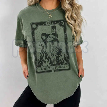 Comfort Colors® "Girls Will Be Girls" Witch T-Shirt – Retro Witchy Feminist Graphic Tee, Vintage Aesthetic Empowerment Witch Unisex Top-Pasimax
