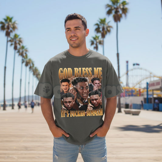 Comfort Colors® "God Bless Me It's Fucken Summah" T-Shirt – Funny Summer Vibe Graphic Tee, Retro Aesthetic Sarcastic Beach Shirt, Trendy Unhinged Summer Top-Pasimax