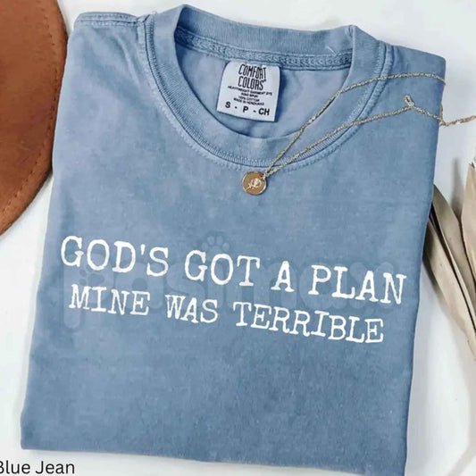 Comfort Colors® "God's Got A Plan, Mine Was Terrible" T-Shirt – Funny Christian Humor Graphic Tee, Retro Faith Unisex Top-Pasimax