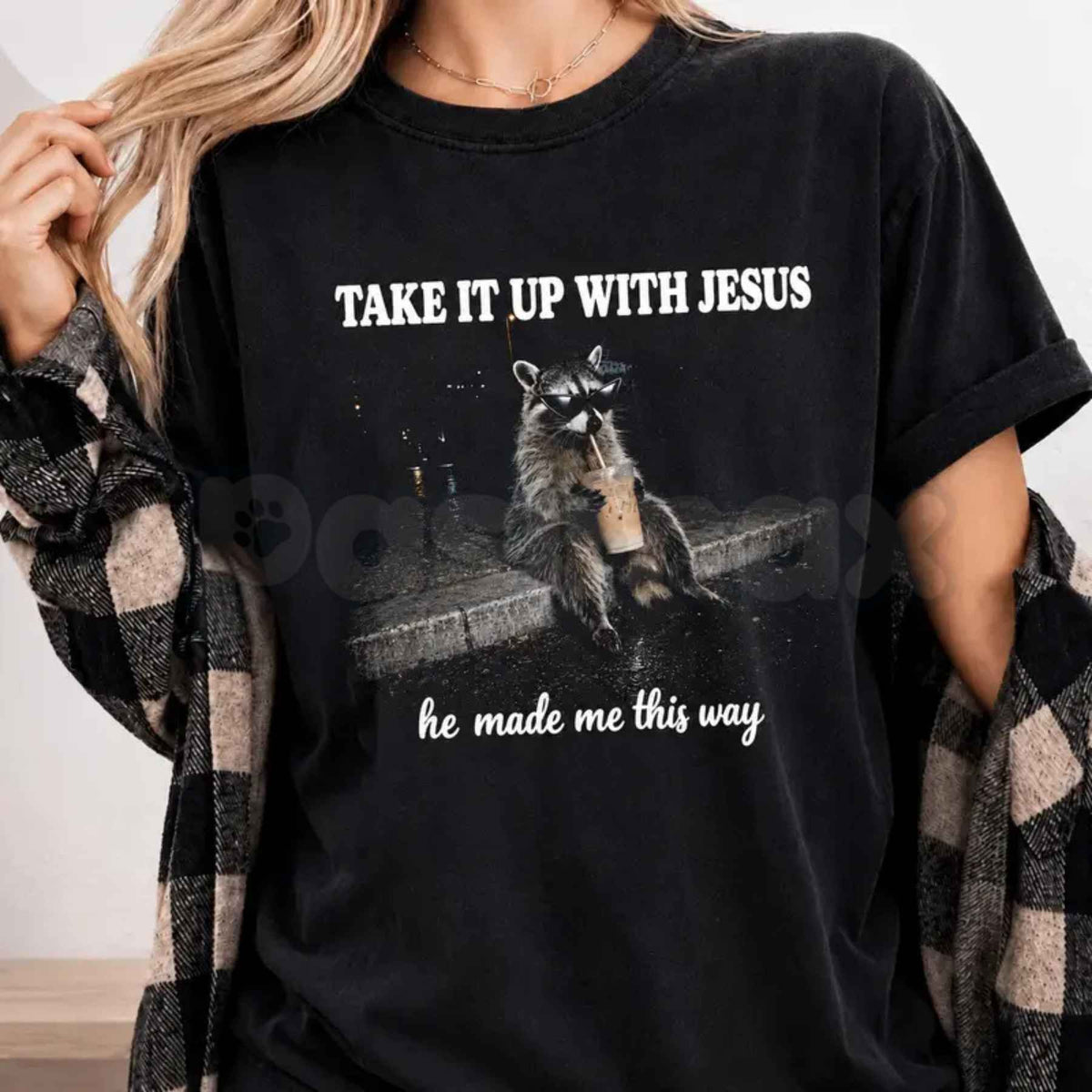 Comfort Colors® Grunge Raccoon Bubble Tea T-Shirt – Funny Take It Up With Jesus Graphic Tee, Retro Trash Panda Unisex Top & Gift-Pasimax