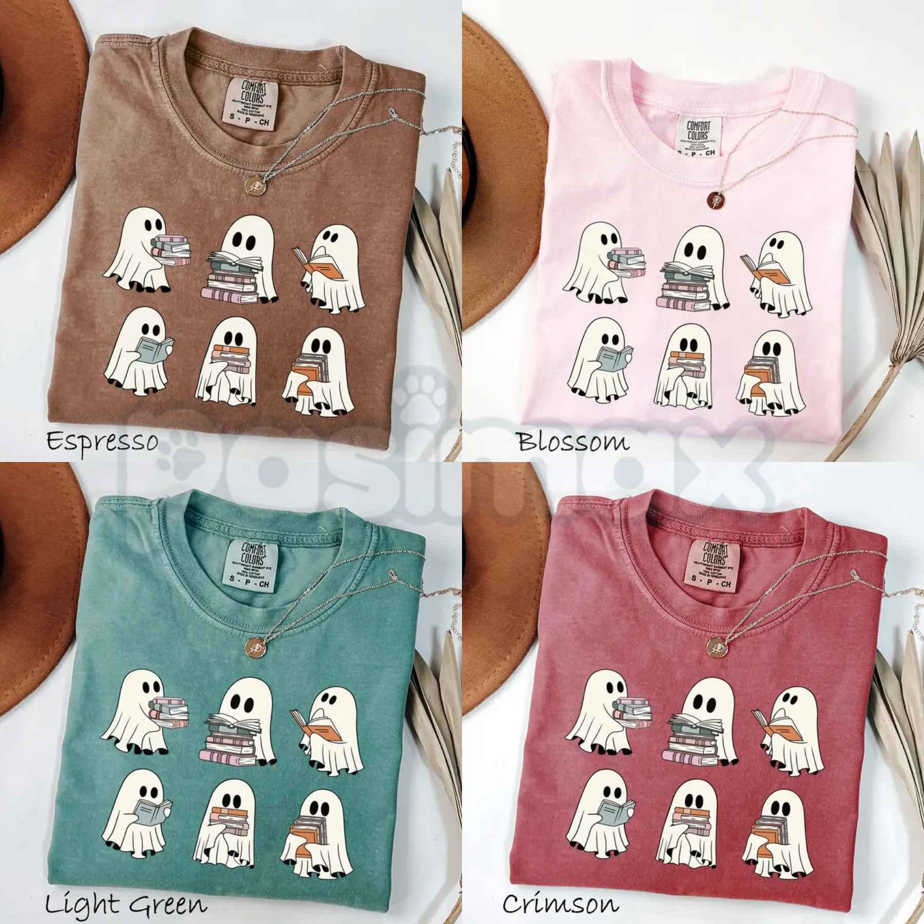 Comfort Colors® Halloween Bookshelf T-Shirt – Retro Ghost Reader Graphic Tee, Cozy Book Lover & Literature Unisex Top-Pasimax