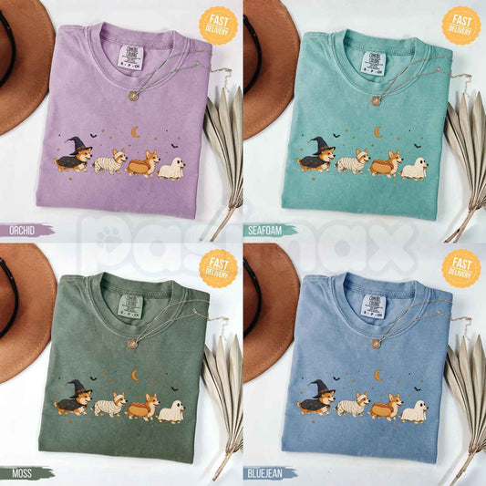 Comfort Colors® Halloween Corgi Costumes T-Shirt – Cute Spooky Season Dog Graphic Tee, Retro Fall Corgi Mom Unisex Top-Pasimax