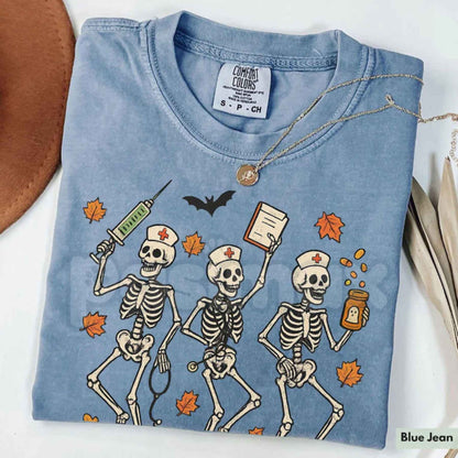 Comfort Colors® Halloween Nurse Skeleton T-Shirt – Spooky Season Registered Nurse Graphic Tee, Fall RN Medical Professional Unisex Top-Pasimax