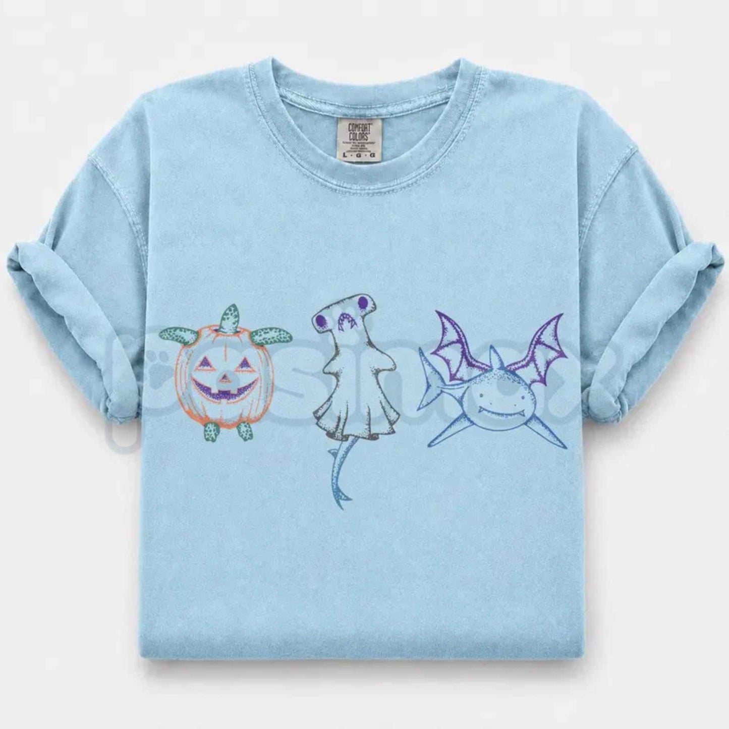 Comfort Colors® Halloween Shark T-Shirt – Pumpkin Turtle & Spooky Hammerhead Ghost Graphic Tee, Vintage Marine Life Unisex Top-Pasimax