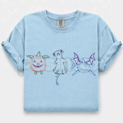Comfort Colors® Halloween Shark T-Shirt – Pumpkin Turtle & Spooky Hammerhead Ghost Graphic Tee, Vintage Marine Life Unisex Top-Pasimax