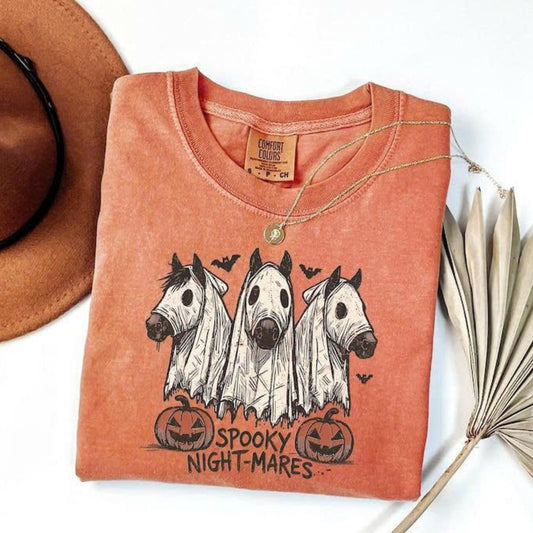 Comfort Colors Halloween Spooky Night-Mares Horse Shirt, Cute Ghost Horse Tee, Western Halloween Cowgirl Graphic T-Shirt, Fall Season Gift-Pasimax