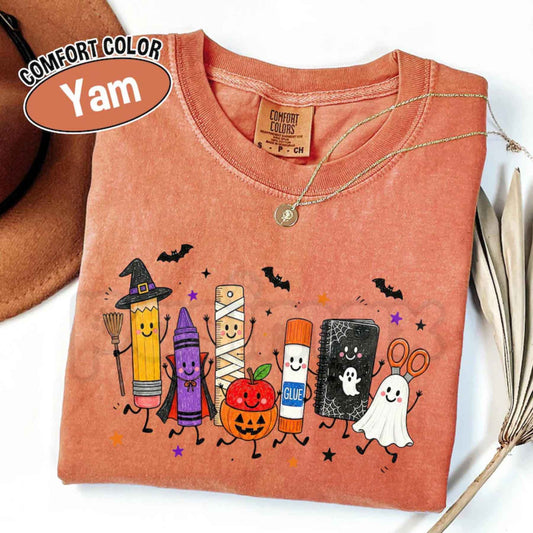 Comfort Colors® Halloween Teacher T-Shirt – Spooky School Supplies Graphic Tee, Cute Ghost Classroom Unisex Top & Gift-Pasimax