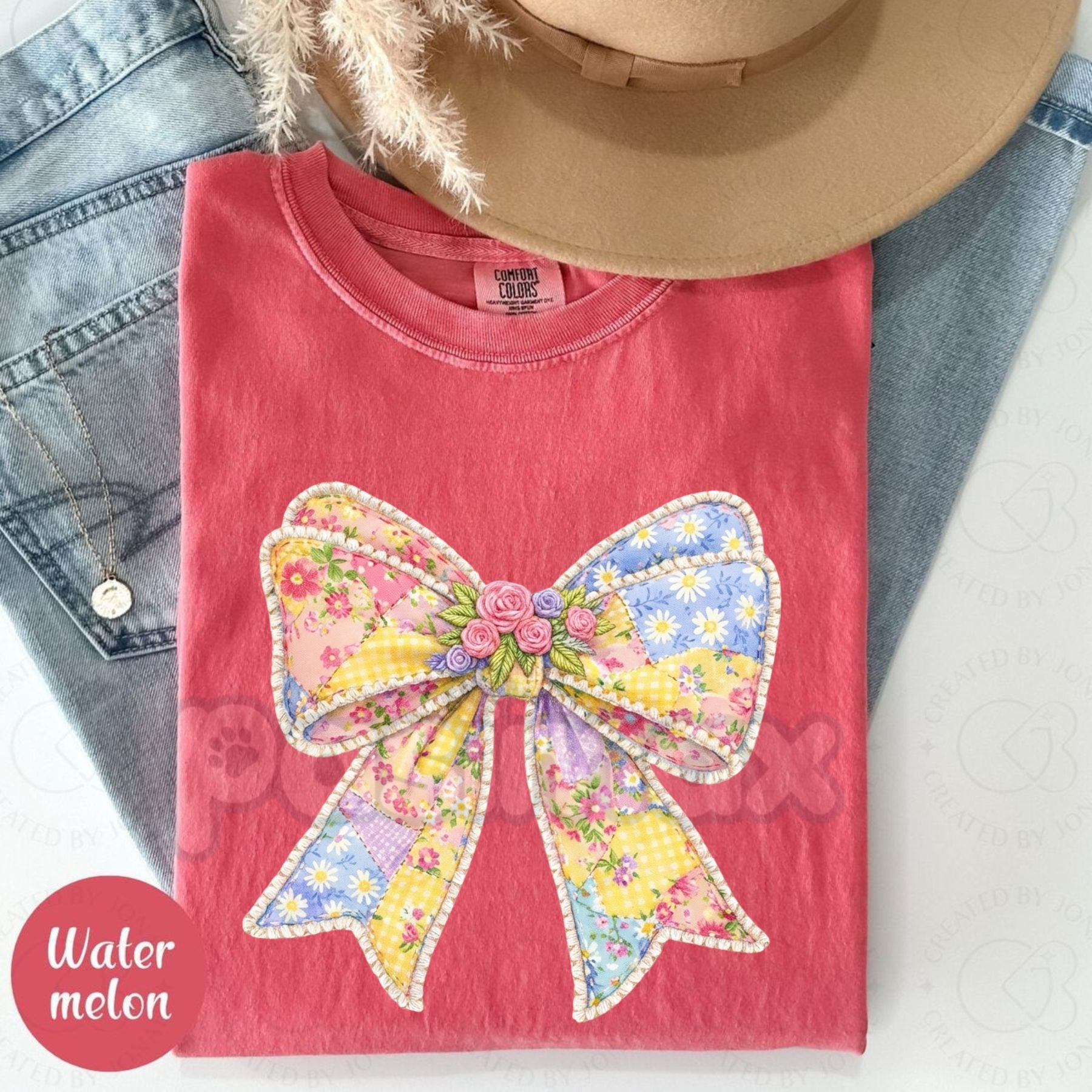 Comfort Colors® Hand-Painted Quilted Bow T-Shirt – Trendy Watercolor Pearl Bow Tee, Aesthetic Coquette Ribbon Shirt, Preppy Grandmillennial Women's Top-Pasimax