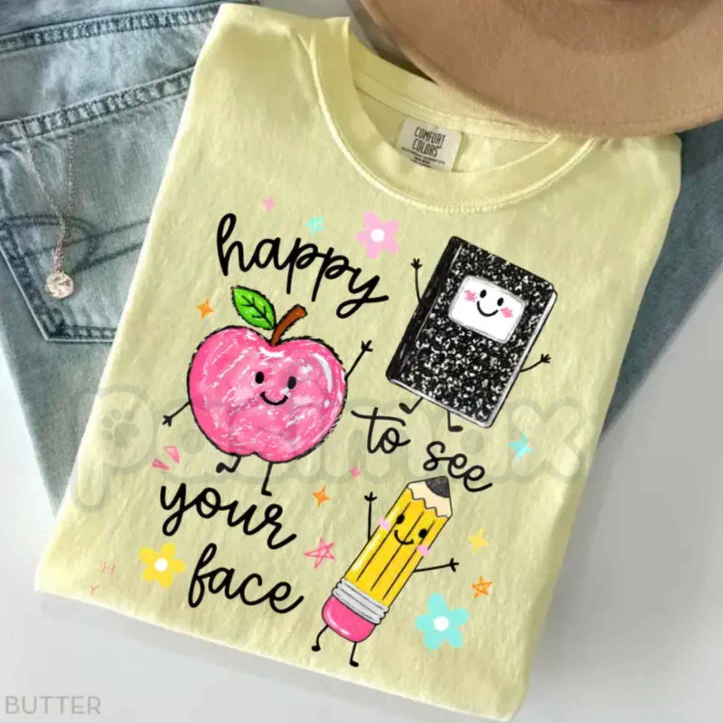 Comfort Colors® "Happy To See Your Face" T-Shirt – Retro Aesthetic Preschool Teacher Graphic Tee, Cute Back to School Gift, Whimsical Classroom Mascot Unisex Top-Pasimax