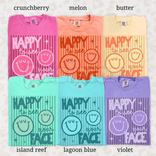 Comfort Colors® "Happy To See Your Face" Teacher T-Shirt – Retro Aesthetic Back to School Graphic Tee, Cute Retro Smiley Classroom Gift Top-Pasimax