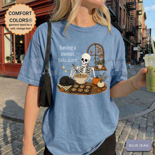 Comfort Colors® "Having A Mental Bake-Down" Skeleton T-Shirt – Funny Halloween Baking Graphic Tee, Retro Spooky Season Cookie Baker Unisex Top-Pasimax