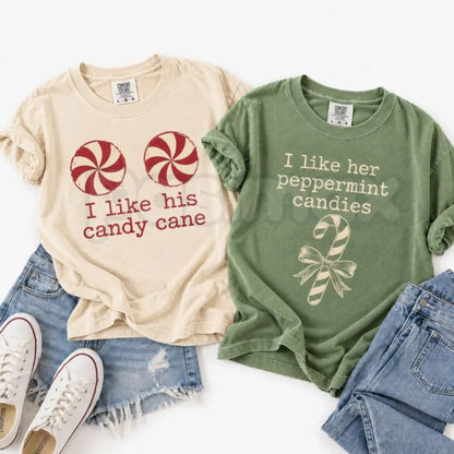 Comfort Colors® I Like His Candy Cane & I Like Her Peppermint Candies T-Shirts – Funny Christmas Couples Matching Graphic Tees, Holiday Unisex Top & Gift-Pasimax