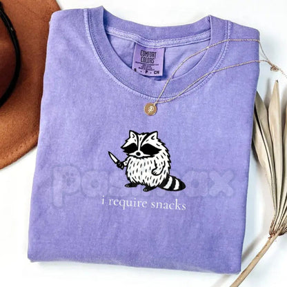 Comfort Colors® 'I Require Snacks' Raccoon T-Shirt – Funny Trash Panda Tee, Relatable Snack Lover Shirt, Vintage Animal Graphic Apparel-Pasimax