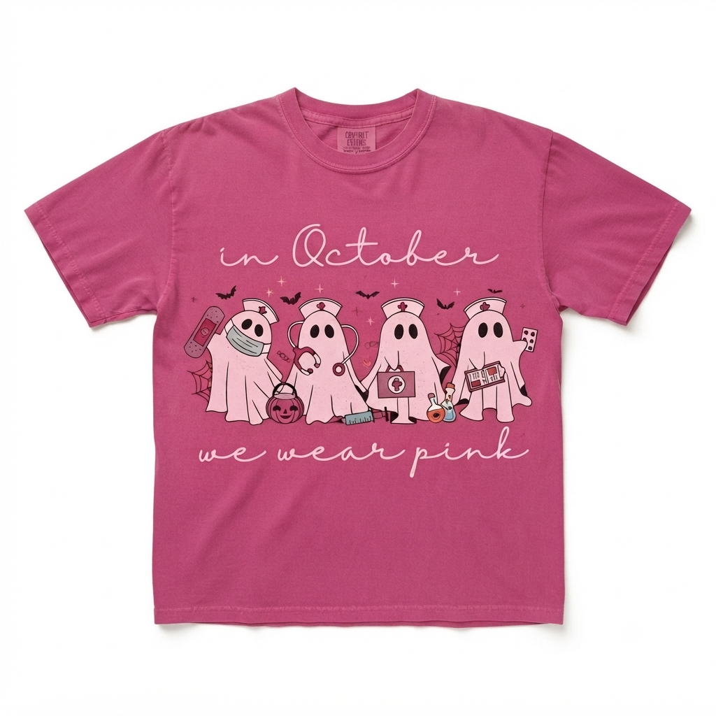 Comfort Colors® In October We Wear Pink Ghost Nurse T-Shirt – Oncology Nurse Halloween Graphic Tee, Pink Ribbon Breast Cancer Awareness Unisex Top & Gift-Pasimax