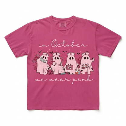 Comfort Colors® In October We Wear Pink Ghost Nurse T-Shirt – Oncology Nurse Halloween Graphic Tee, Pink Ribbon Breast Cancer Awareness Unisex Top & Gift-Pasimax
