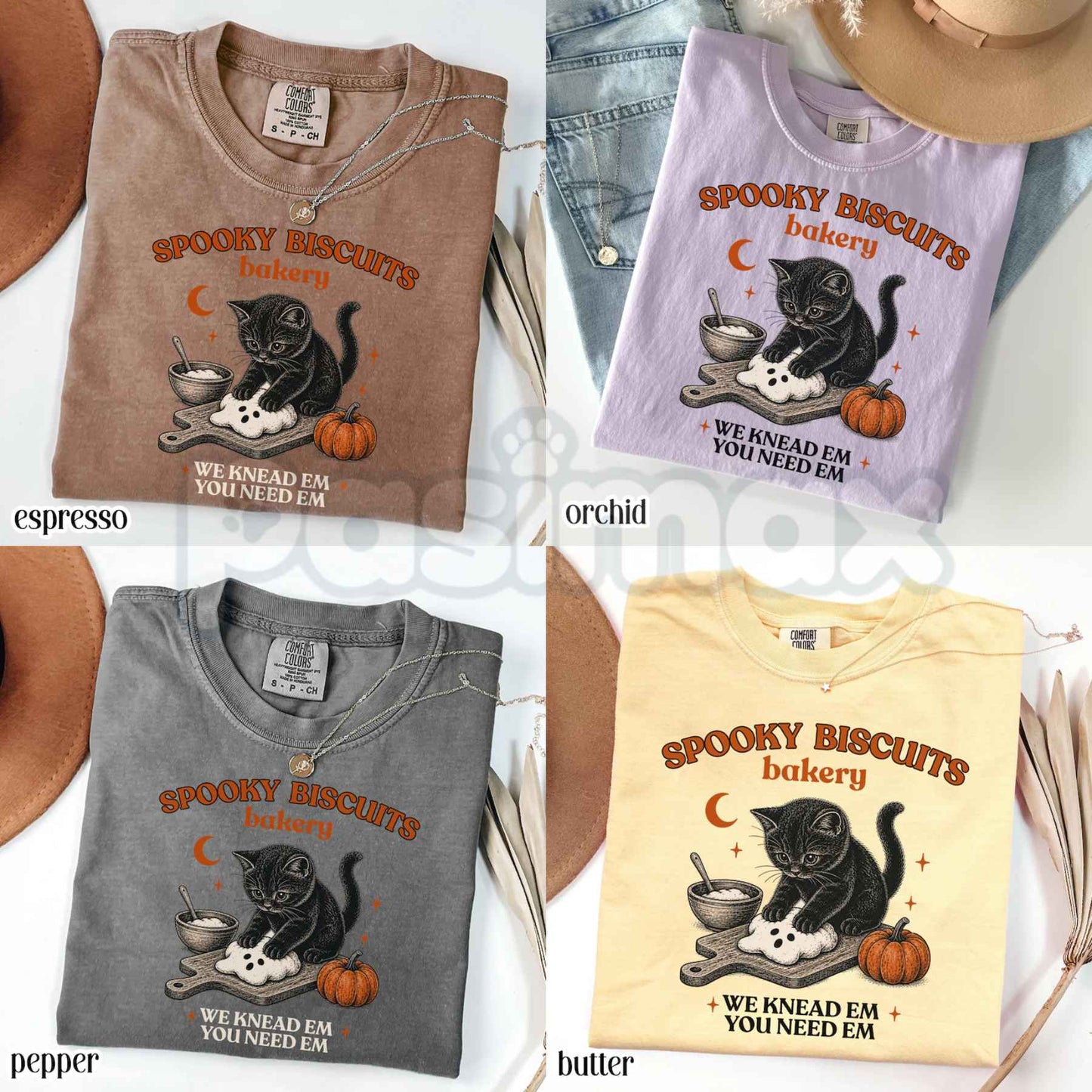 Comfort Colors® "Kitty Biscuits" Spooky Season T-Shirt – Retro Black Cat Halloween Graphic Tee, Cute Fall Autumn Unisex Top-Pasimax