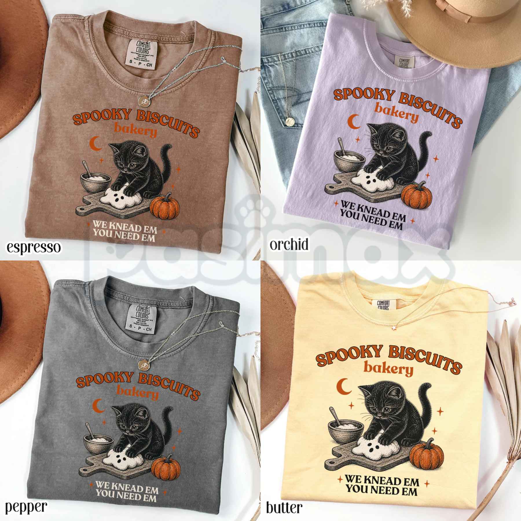 Comfort Colors® "Kitty Biscuits" Spooky Season T-Shirt – Retro Black Cat Halloween Graphic Tee, Cute Fall Autumn Unisex Top-Pasimax