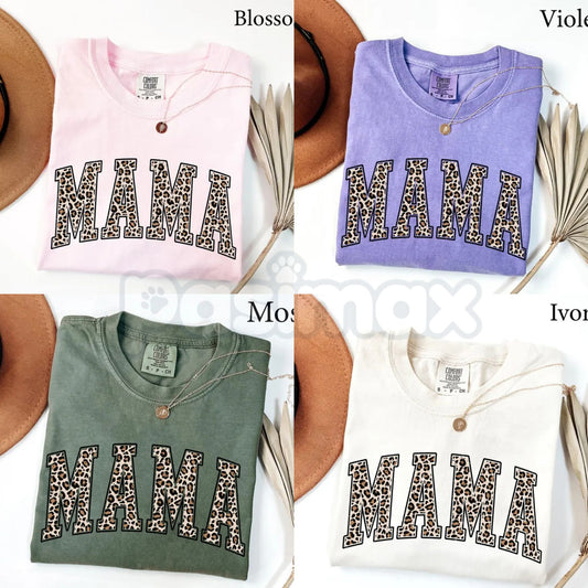 Comfort Colors® Leopard Print Mama T-Shirt – Trendy Cheetah Mama Graphic Tee, Aesthetic New Mom Gift, Retro Pregnancy Announcement Shirt, Funny Mother’s Day Gift-Pasimax
