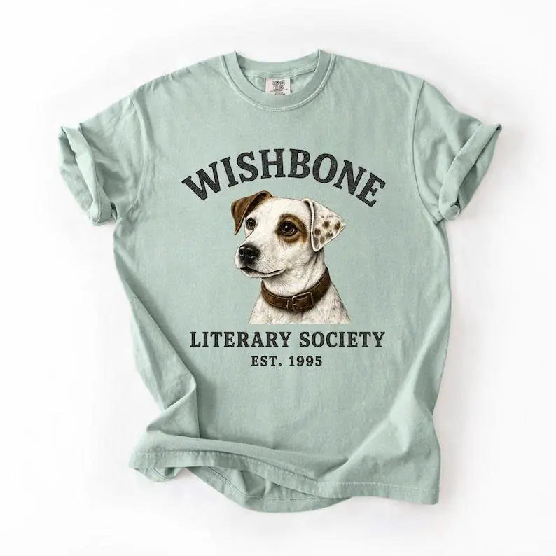Comfort Colors® "Literary Society" Wishbone Dog T-Shirt – Retro Nostalgic 90s Childhood Bookworm Graphic Tee, Vintage Aesthetic Reader Gift Top-Pasimax