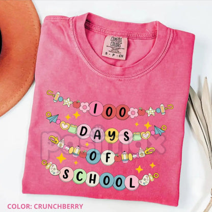 Comfort Colors® Little Girl 100 Days of School Friendship Bracelet T-Shirt – Retro Beaded Letter Tee, Trendy School Milestone Shirt, Aesthetic Toddler 100th Day Top-Pasimax