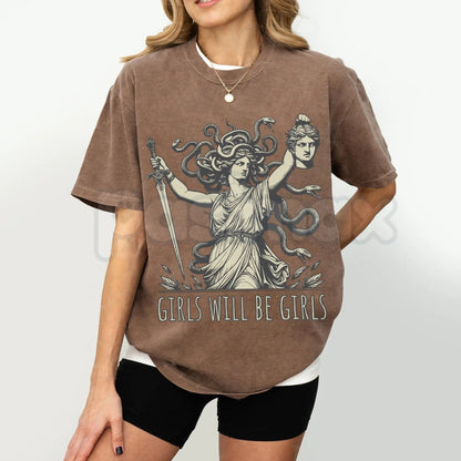 Comfort Colors® Medusa Victorious T-Shirt – Girls Will Be Girls Feminist Tee, Perseus Defeated Mythology Shirt, Dark Aesthetic Empowerment Graphic Top-Pasimax