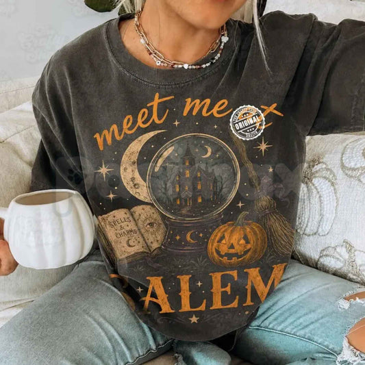 Comfort Colors® "Meet Me at Salem" T-Shirt – Witchy Halloween Haunted House Graphic Tee, Vintage Spooky Season Unisex Top-Pasimax